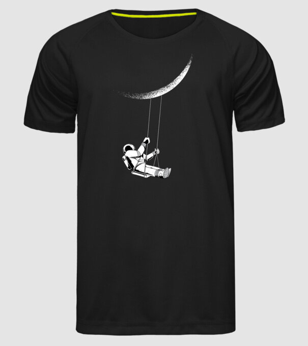 Astronaut care se dă în leagăn pe lună model negru pe tricou