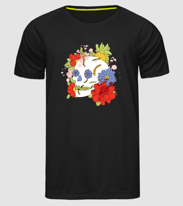 Craniu cu Flori model negru pe tricou