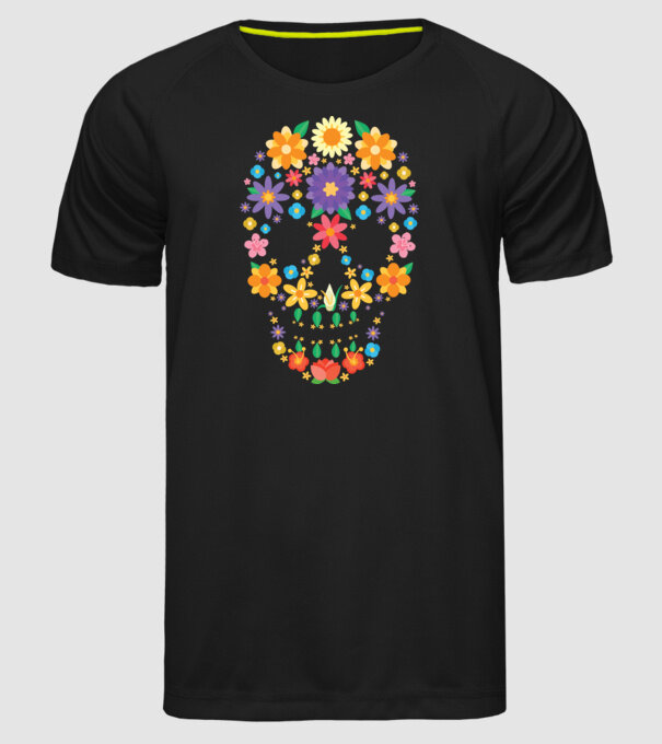 Craniu cu Flori model negru pe tricou