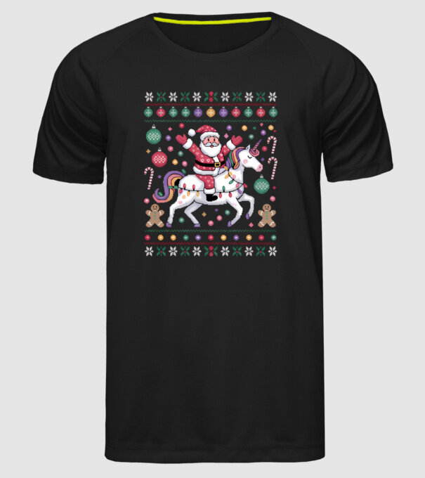 Moș Crăciun pe un pulover urât unicorn model negru pe tricou