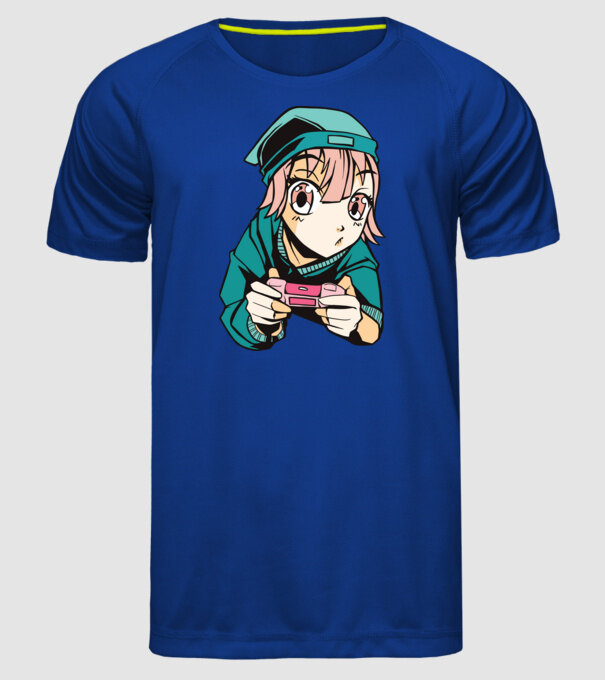 Anime fată Gamer model albastru regal pe tricou