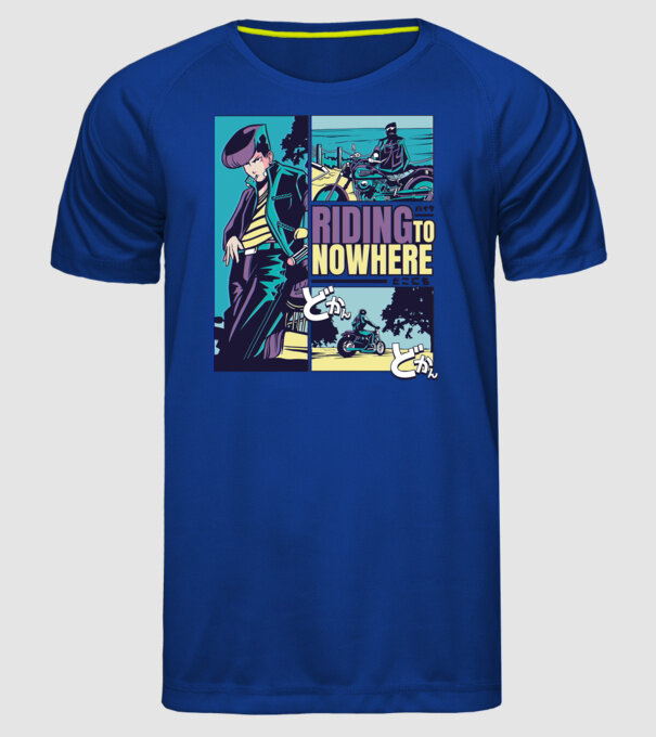 Anime Vaporwave Riding Nowhere model albastru regal pe tricou
