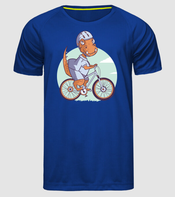 Dinozaur de T-Rex cu bicicletă model albastru regal pe tricou