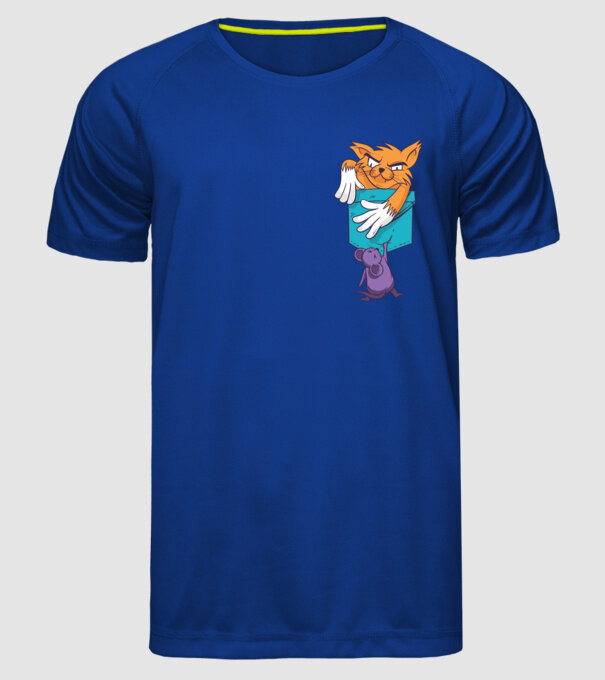 Pisică cu șoarece buzunar model albastru regal pe tricou