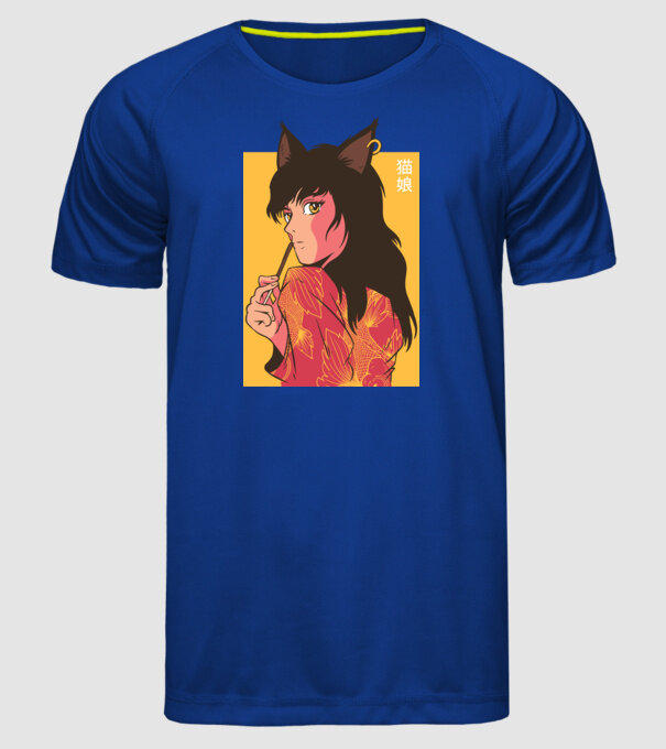 Pisică Fată Anime model albastru regal pe tricou