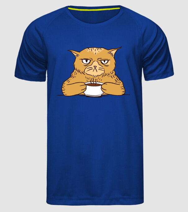Grumpy Cat - Pisică supărată cu cafea model albastru regal pe tricou