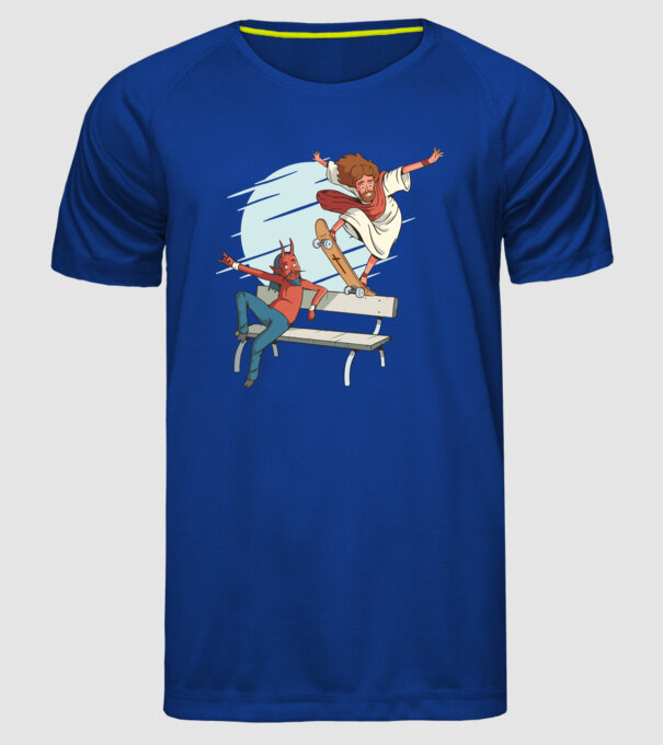 Isus Skateboarding model albastru regal pe tricou