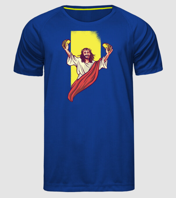Isus cu Taco tricou amuzant model albastru regal pe tricou