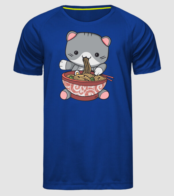 Pisică Kawaii Ramen model albastru regal pe tricou