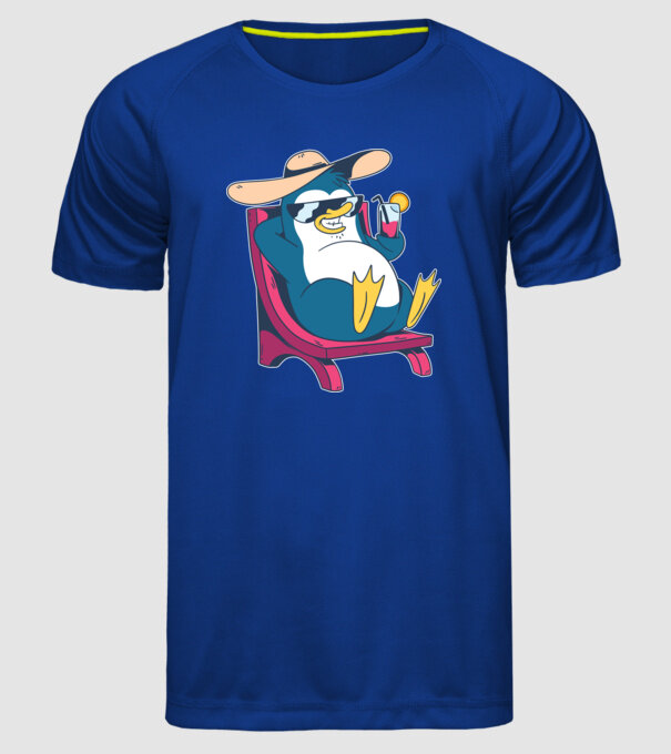 Pinguin cool stă la plajă la mare model albastru regal pe tricou