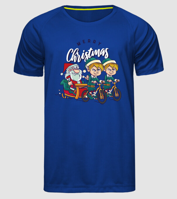 Merry Christmas Moș Crăciun cu sanie cu bicicletă model albastru regal pe tricou