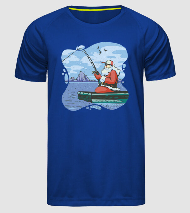 Moș Crăciun la pescuit model albastru regal pe tricou