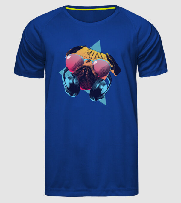 Mops cu căști model albastru regal pe tricou