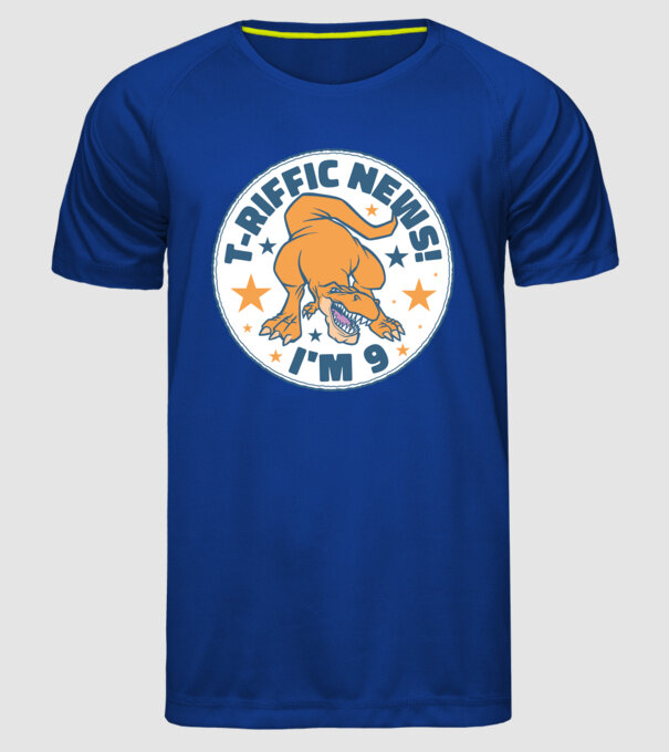 'T-rex Terrific news i''m 9' model albastru regal pe tricou