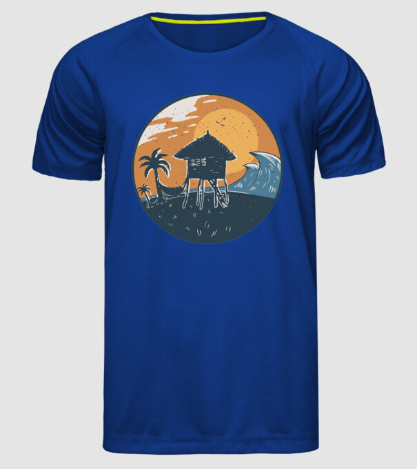 Bungalou pe plajă model albastru regal pe tricou