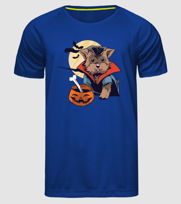 Vampir Yorkie Halloween model albastru regal pe tricou