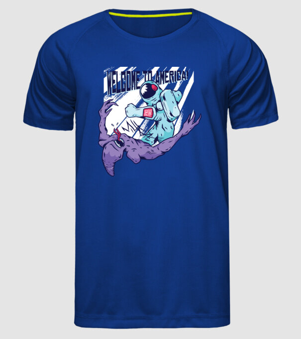Welcome To America model albastru regal pe tricou
