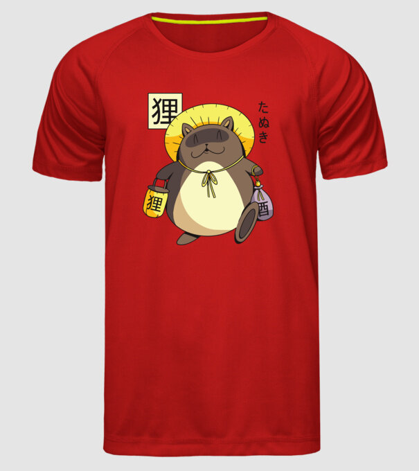 Tanuki Yokai model roșu pe tricou