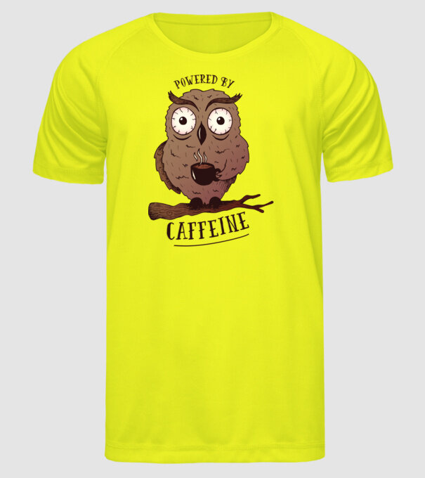 Powered by Caffeine - Tricou cu bufniță și energie de cafeină model galben neon pe tricou