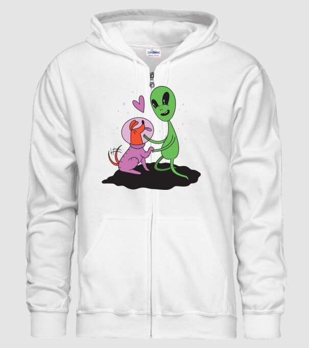Alien cu câine model alb pe tricou