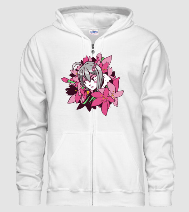 Anime fată printre flori model alb pe tricou