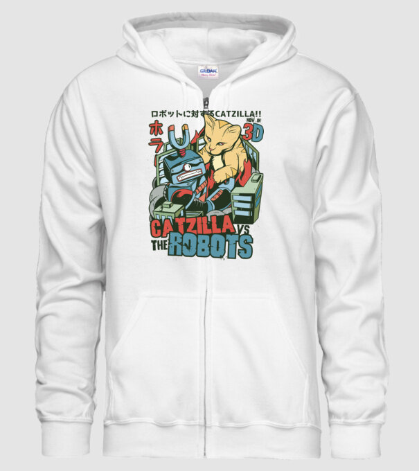Catzilla Vs Robots model alb pe tricou