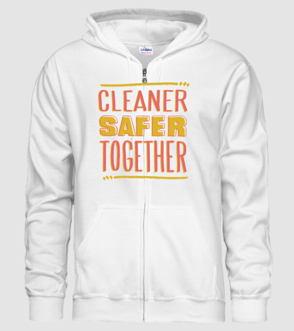 Cleaner Safer Together model alb pe tricou