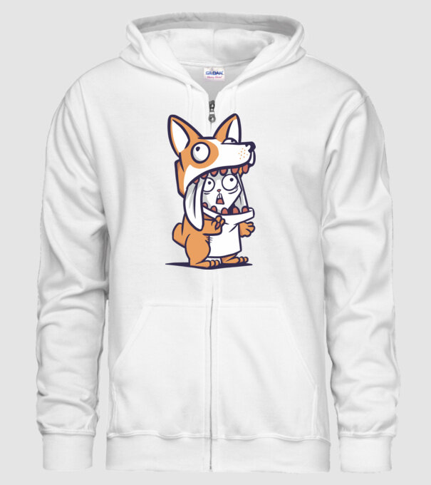 Iepuraș drăguț în costum Corgi model alb pe tricou