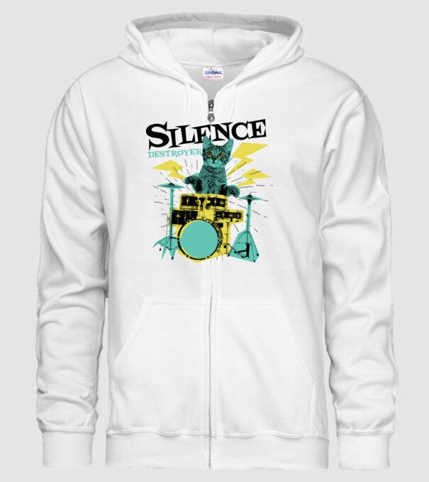 Pisică Baterist - Silence Destroyer model alb pe tricou