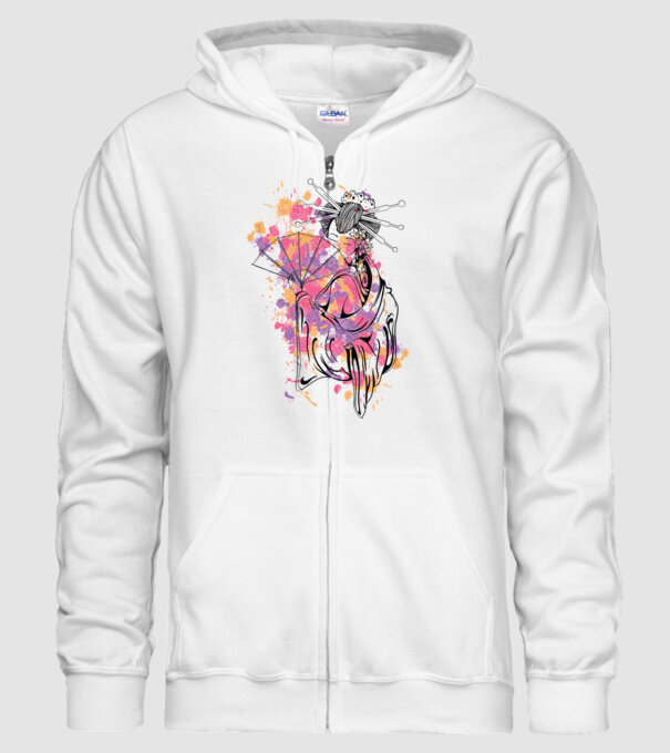 Geisha cu evantai model alb pe tricou