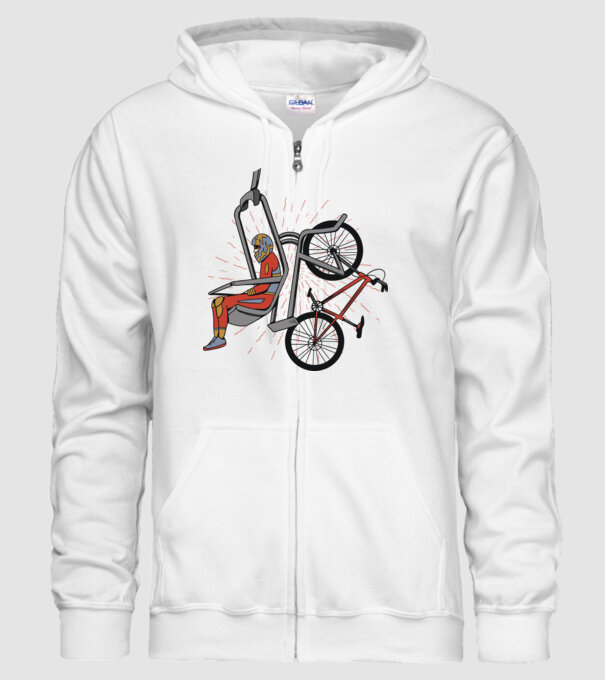 Biciclist montain bike pe teleferic model alb pe tricou