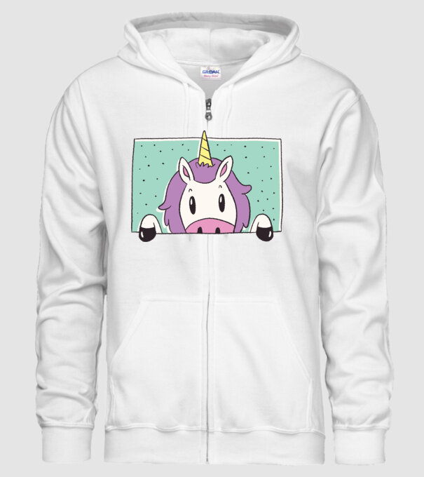 Unicorn curios model alb pe tricou