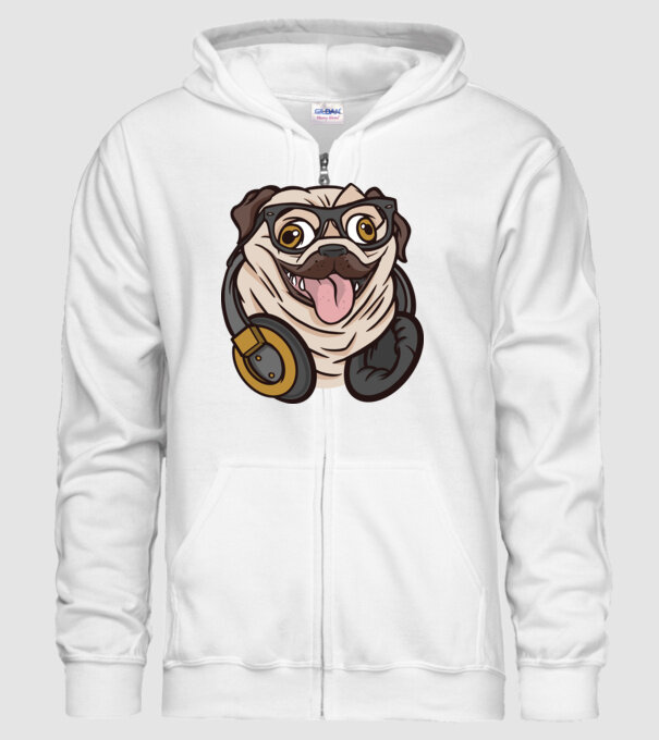 Mops cu căști model alb pe tricou