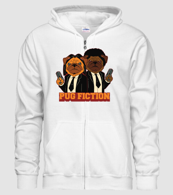 Pug Fiction Pugs Mops Pulp Fiction parodie model alb pe tricou