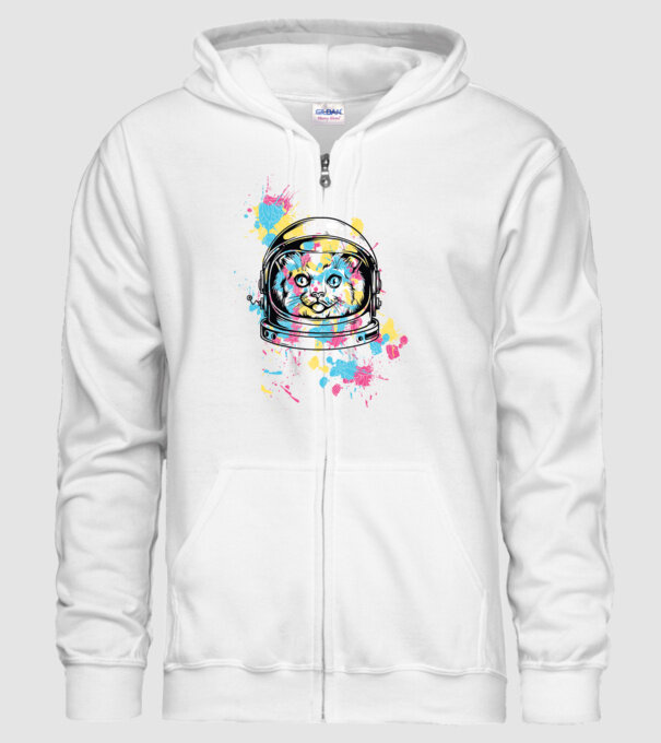 Space Cat model alb pe tricou