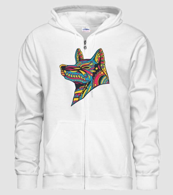 Cap de lup colorat model alb pe tricou