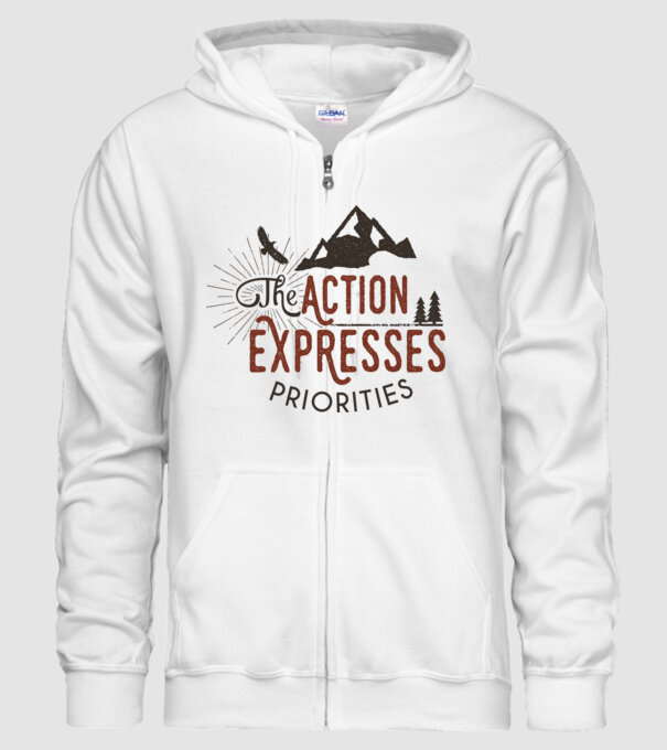 The action expresses priorities model alb pe tricou