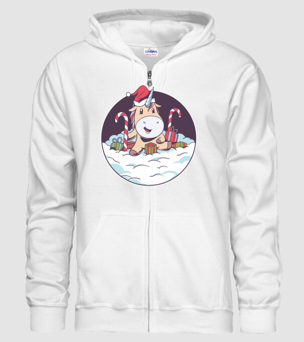 Unicorn Moș Crăciun cu cadouri model alb pe tricou