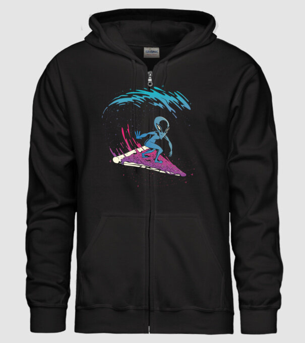 Alien Pizza Surf tricou amuzant model negru pe tricou