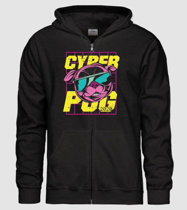Mops Cyber Pug model negru pe tricou