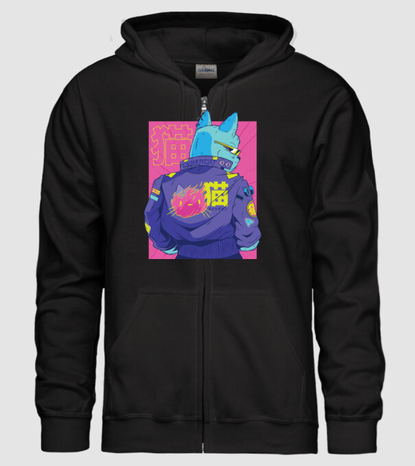 Pisică Cyberpunk model negru pe tricou