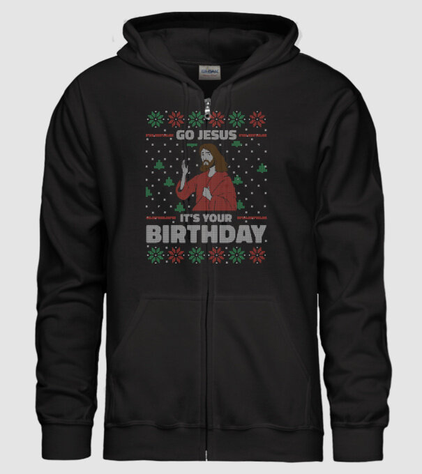 'Go Jesus, It''s Your Birthday Ugly Sweater' model negru pe tricou