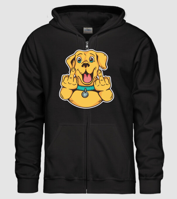 Golden Retriever arată degetul model negru pe tricou