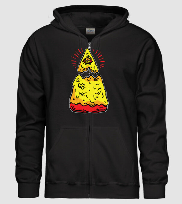 Illuminati Pizza model negru pe tricou