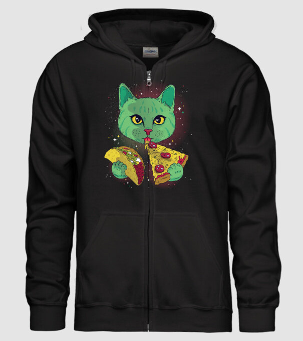 Pisică Cosmică Pizza și Taco model negru pe tricou