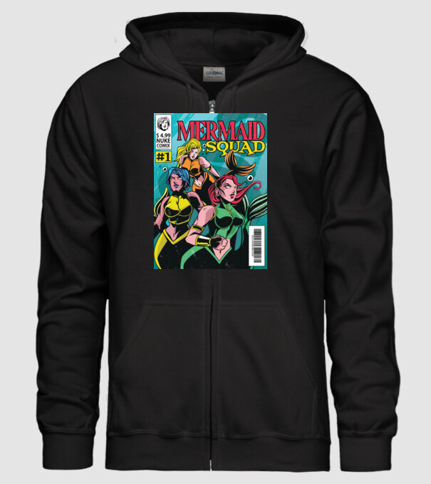 benzi desenate Mermaid Squad model negru pe tricou