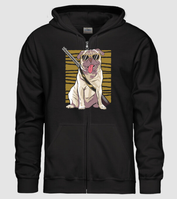 Mops cu pușcă tricou amuzant cu câine model negru pe tricou