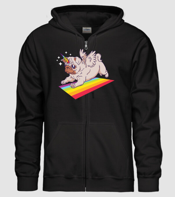 Mops unicorn model negru pe tricou