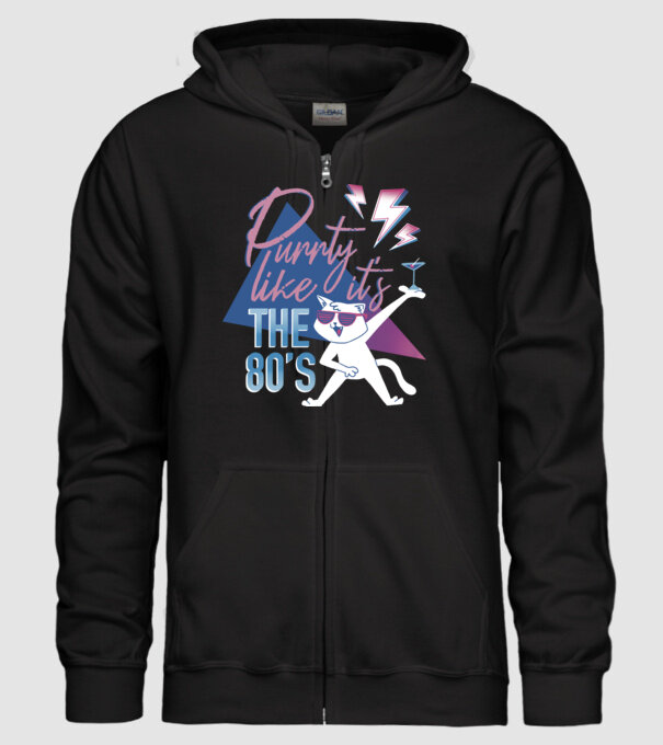 'Purrty Like it''s the 80''s' model negru pe tricou