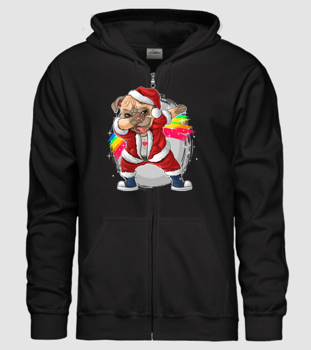 Santa Mops Moș Crăciun model negru pe tricou
